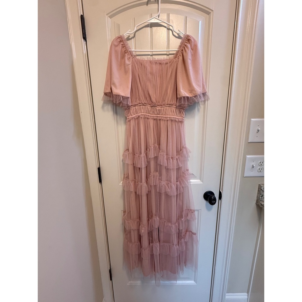 Pink Tulle Tiered Ruffle Maxi Dress Square Neck Puff Sleeve Smocked Waist Small